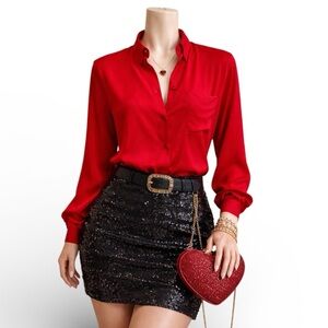 100% Red Silk Blouse - Vintage CARRY BACK - Luxurious Button Front - Women’s 10